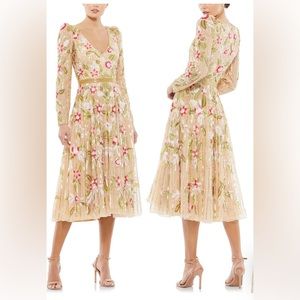 MAC DUGGAL Floral Sequin Long Sleeve Midi Dress gold formal gown sz 14 NWT NEW